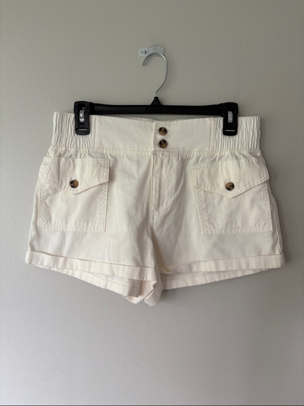 Happily Grey Women’s Elastic Waist White Cargo Shorts Button Pockets